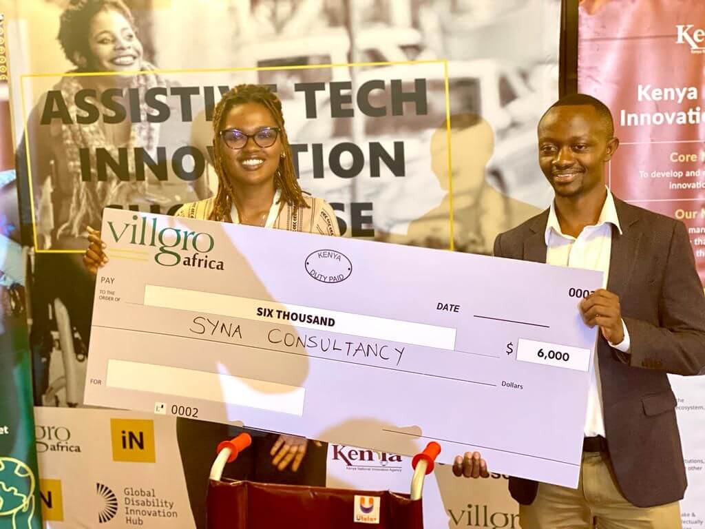 Photo Caption ( Syna Consultancy receiving $6,000 in funding from Villgro Africa in recognition for its innovations in assistive technology.)