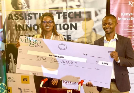 Photo Caption ( Syna Consultancy receiving $6,000 in funding from Villgro Africa in recognition for its innovations in assistive technology.)